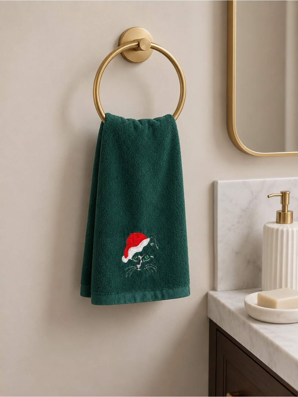 Vintage Christmas Black Cat Hand Towel Embroidered Green Velour Santa Hat Decor